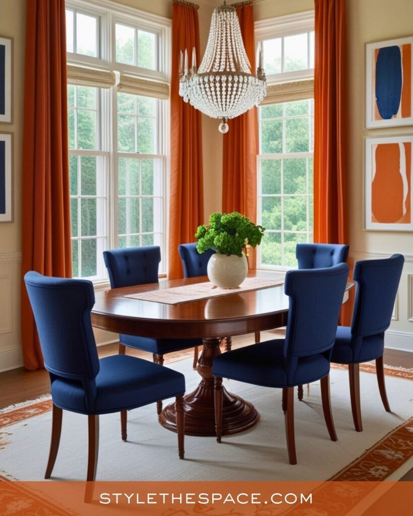 navy blue and burnt orange dining room