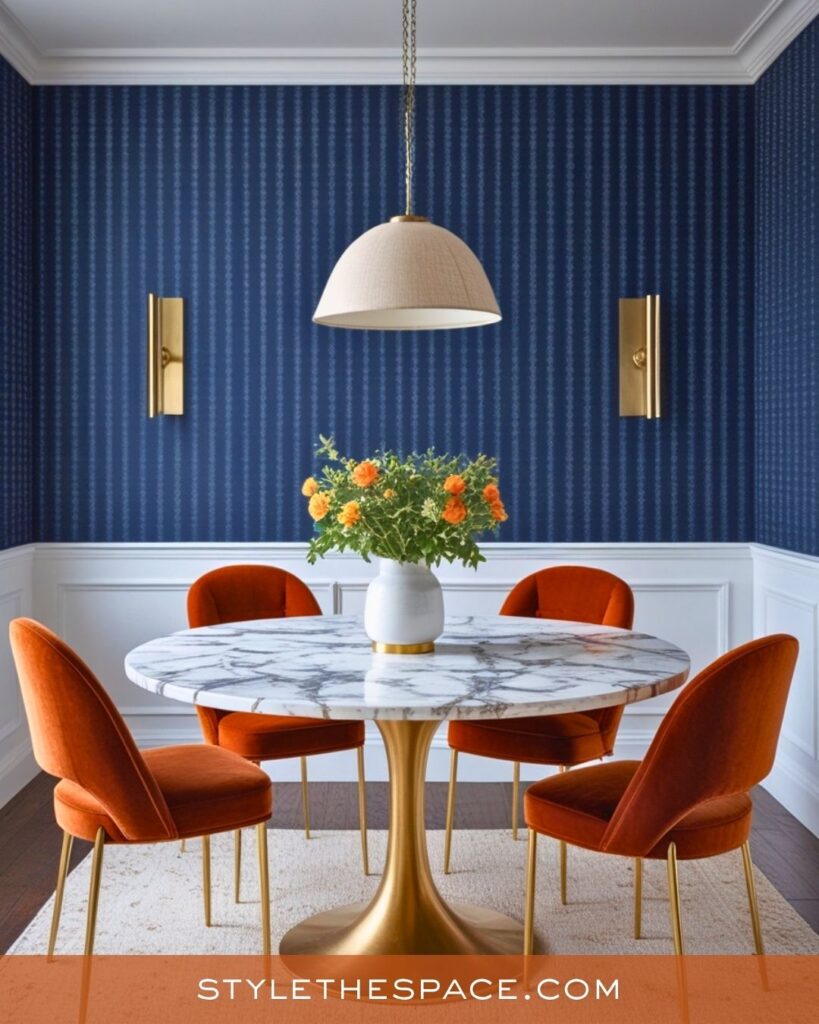navy blue and burnt orange dining room