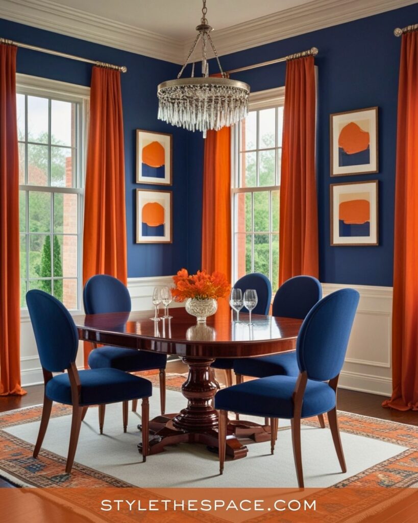 navy blue and burnt orange dining room
