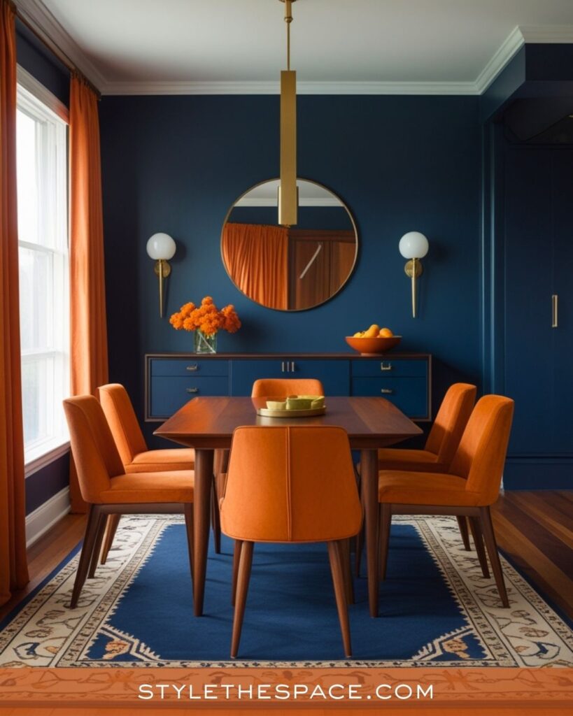 navy blue and burnt orange dining room