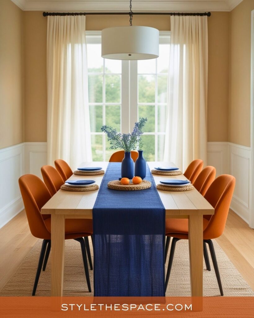 navy blue and burnt orange dining room