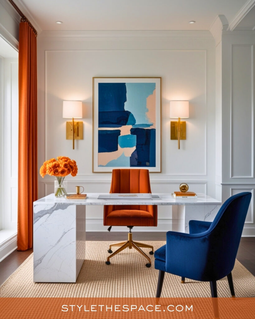 navy blue and burnt orange home office