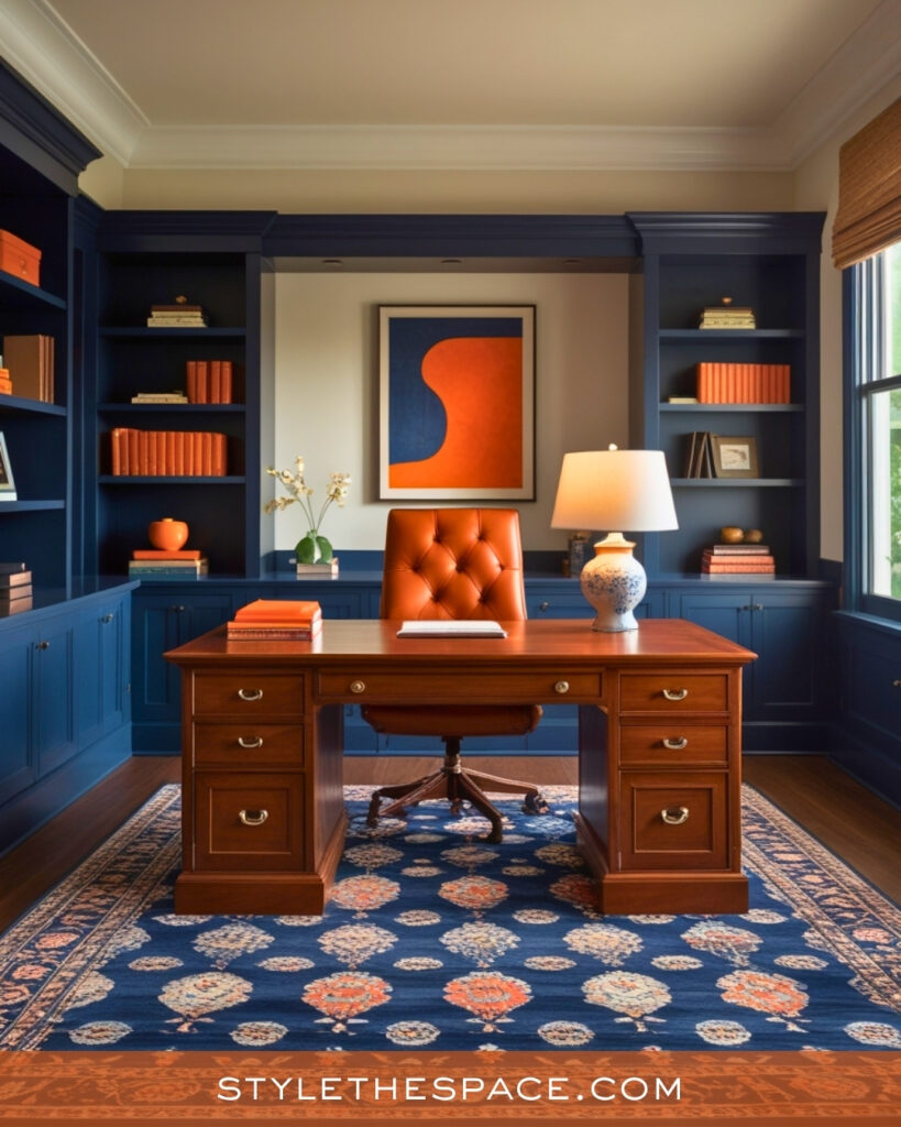 navy blue and burnt orange home office