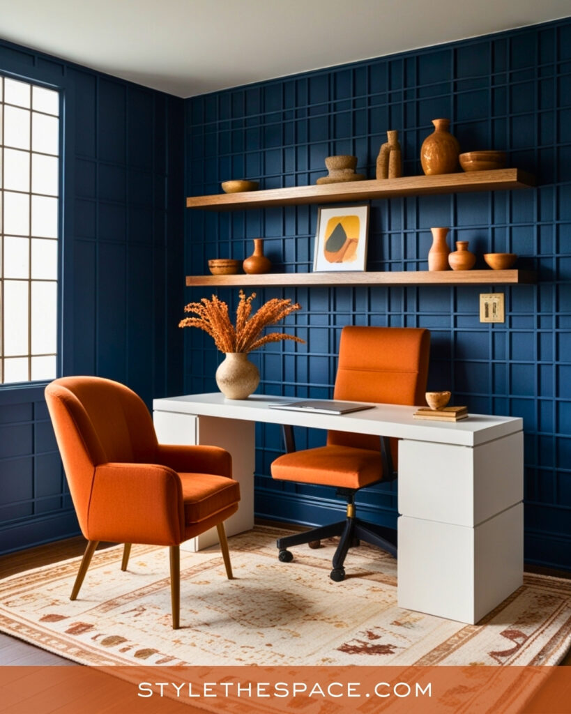 navy blue and burnt orange home office