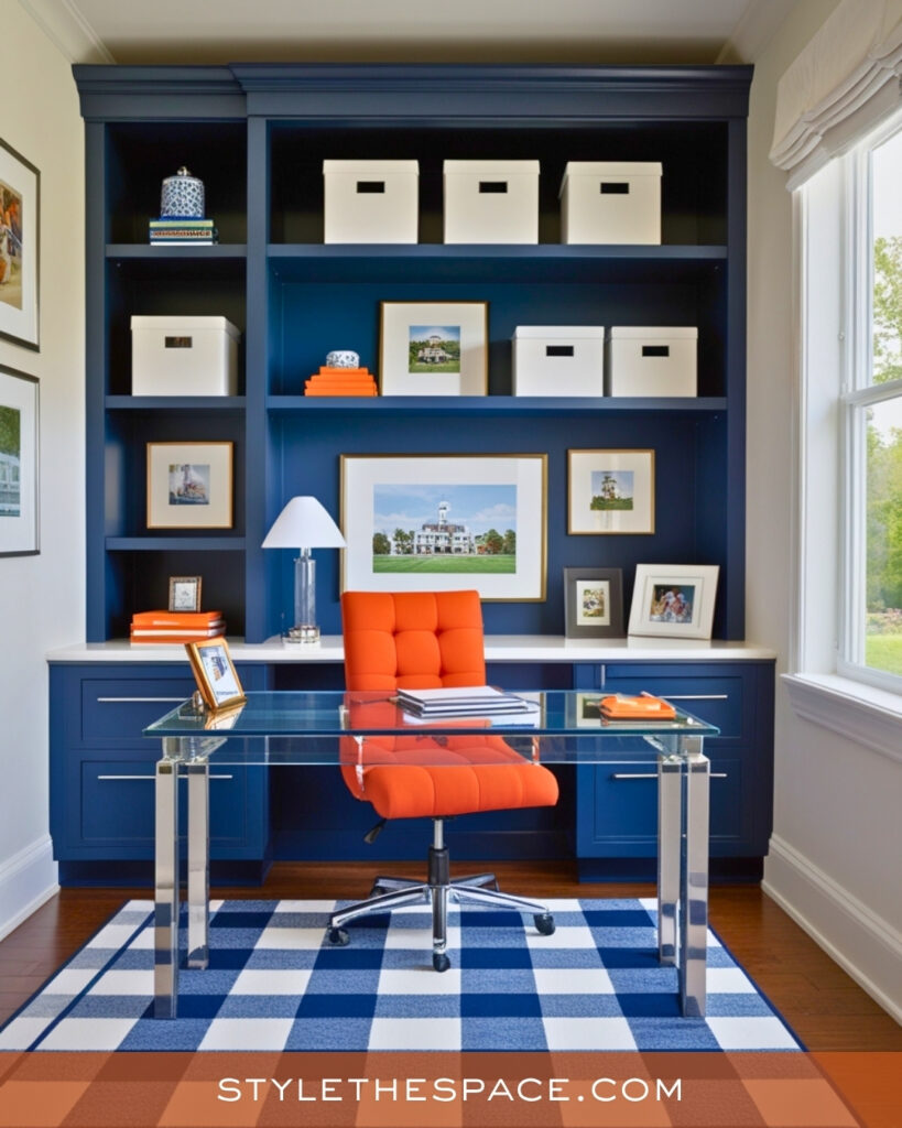 navy blue and burnt orange home office