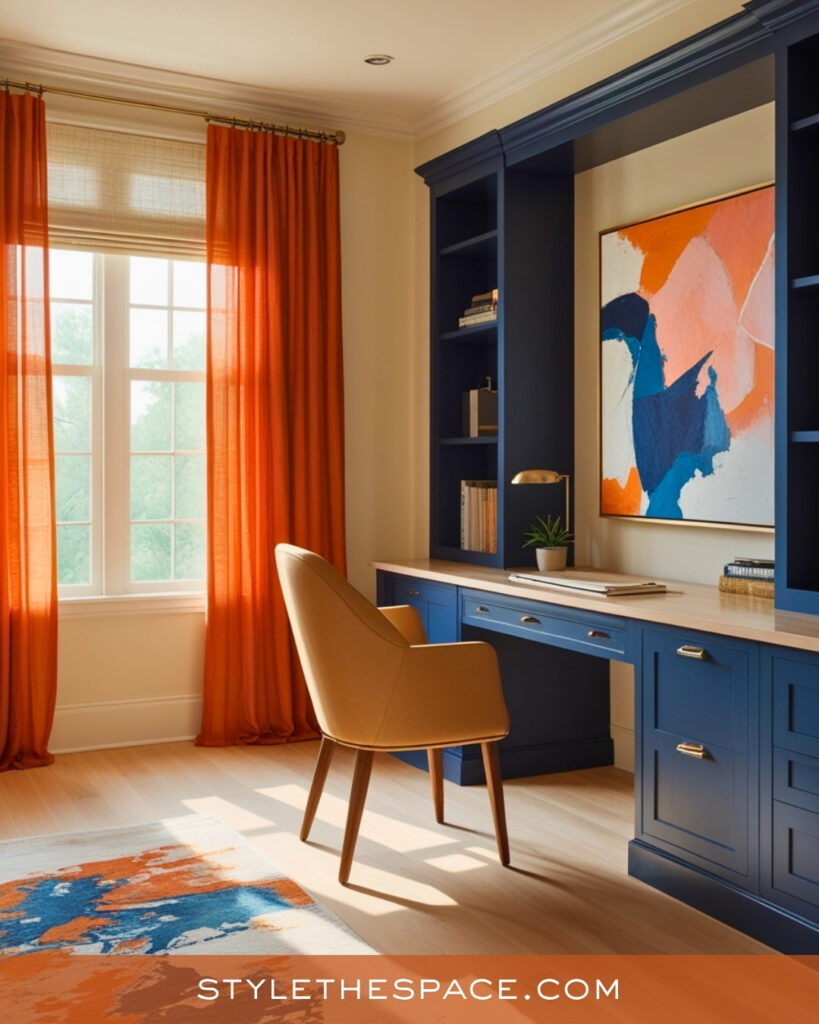 navy blue and burnt orange home office