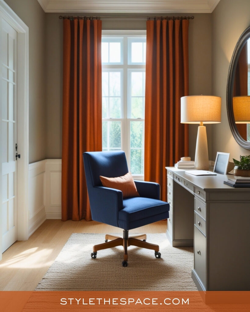 navy blue and burnt orange home office