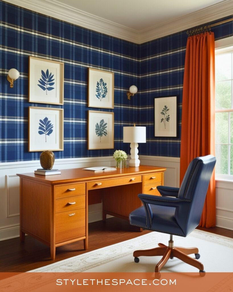 navy blue and burnt orange home office