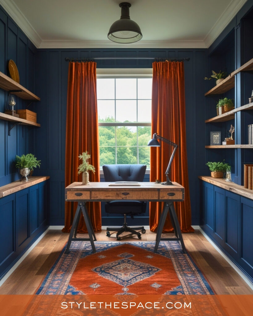 navy blue and burnt orange home office