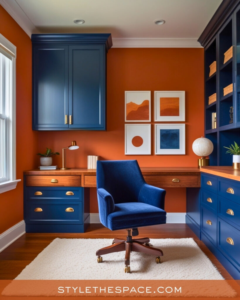 navy blue and burnt orange home office