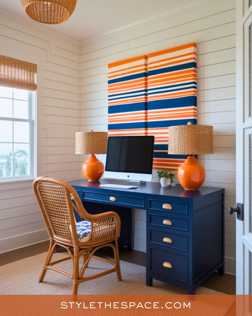 navy blue and burnt orange home office
