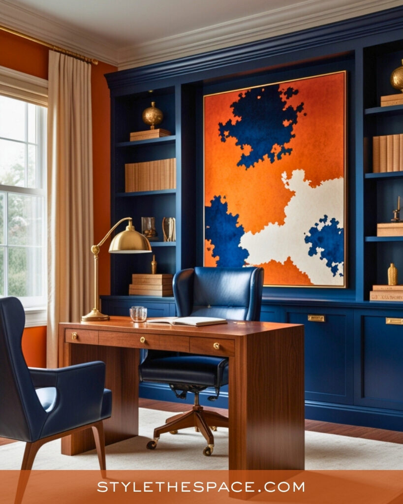 navy blue and burnt orange home office