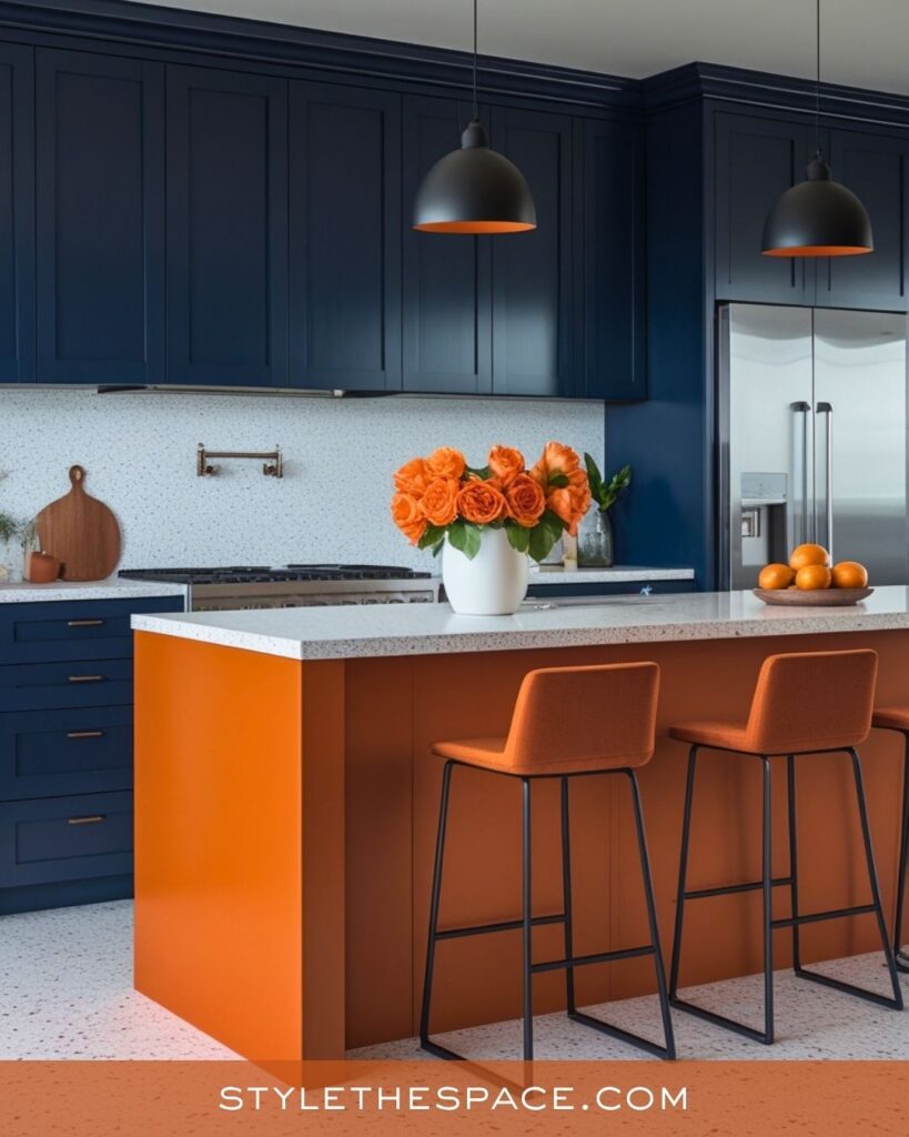 navy blue and burnt orange kitchen