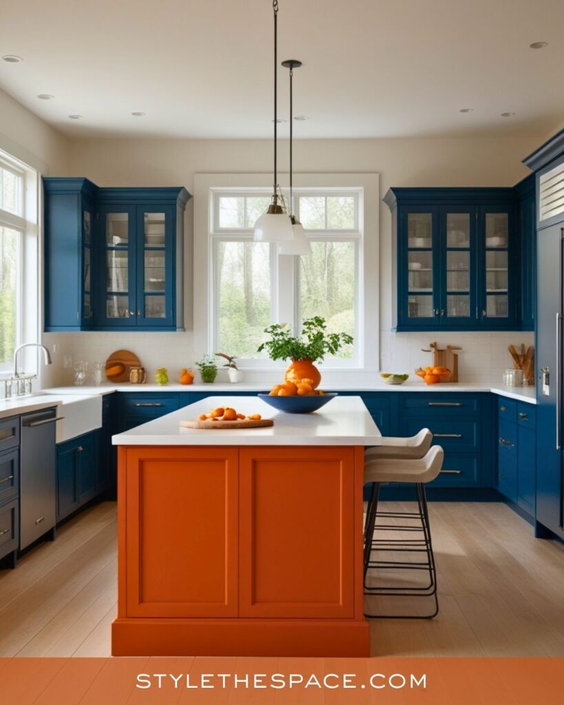 navy blue and burnt orange kitchen