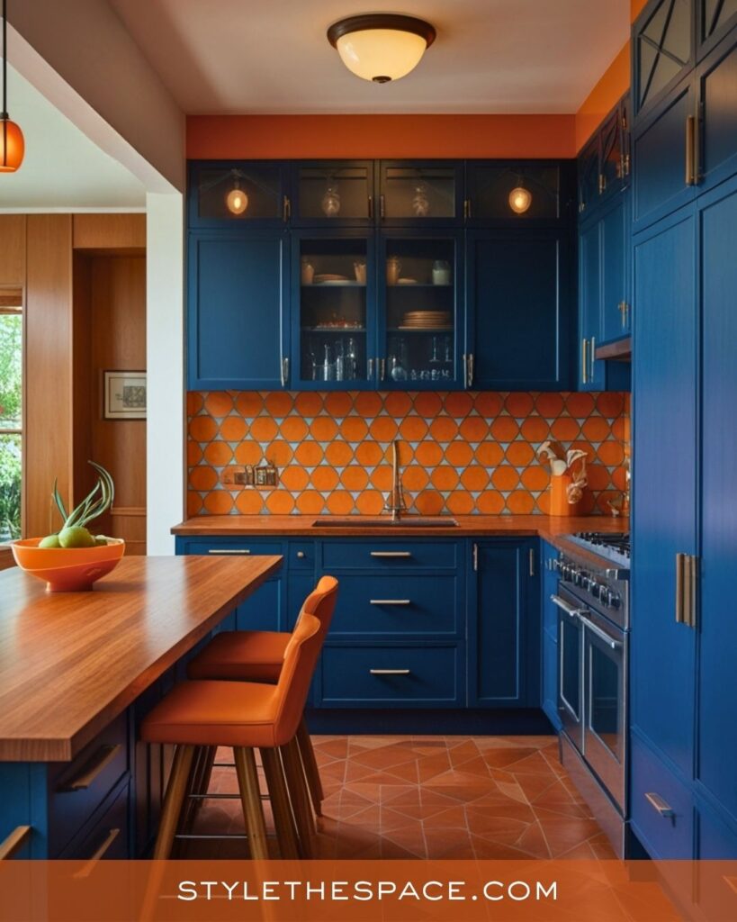 navy blue and burnt orange kitchen