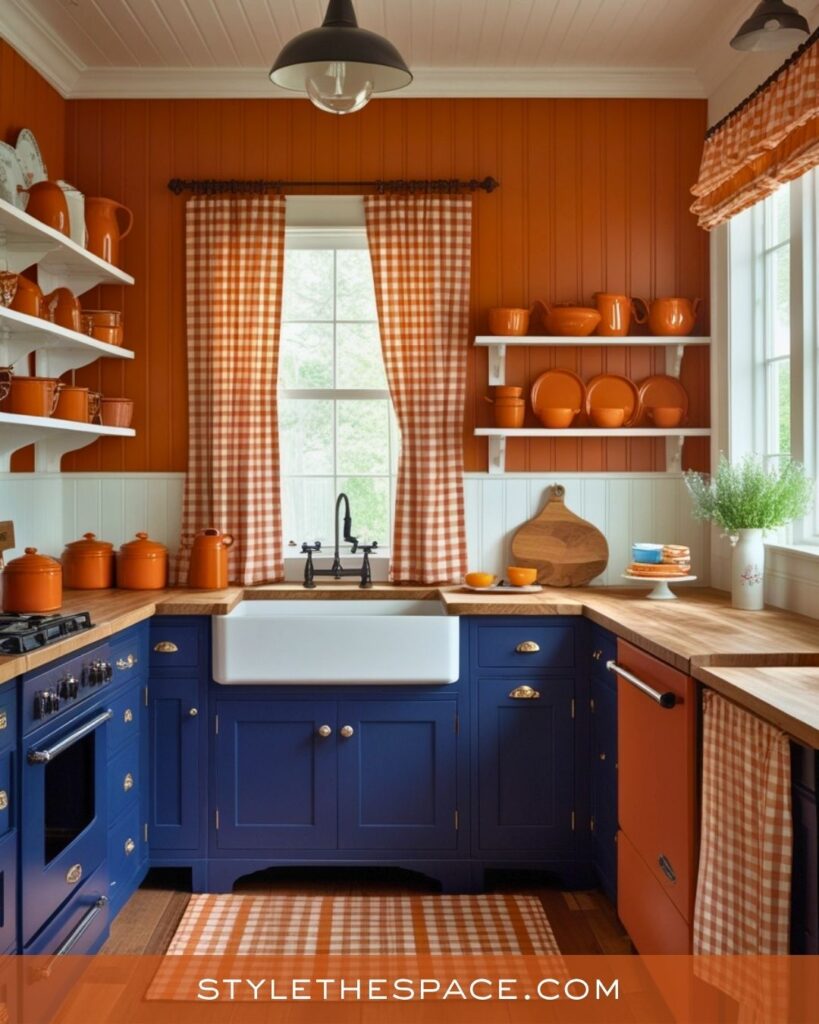 navy blue and burnt orange kitchen