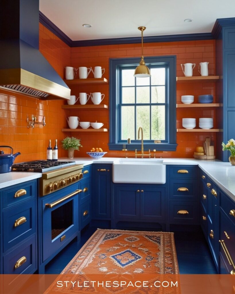 navy blue and burnt orange kitchen