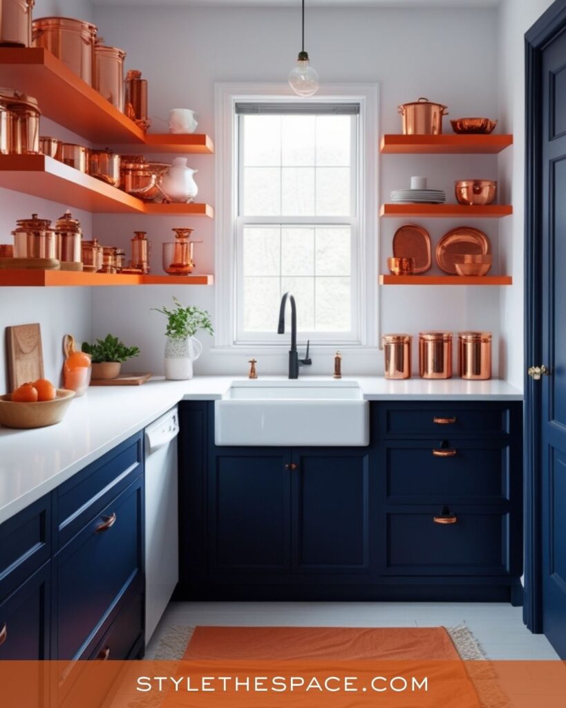 navy blue and burnt orange kitchen