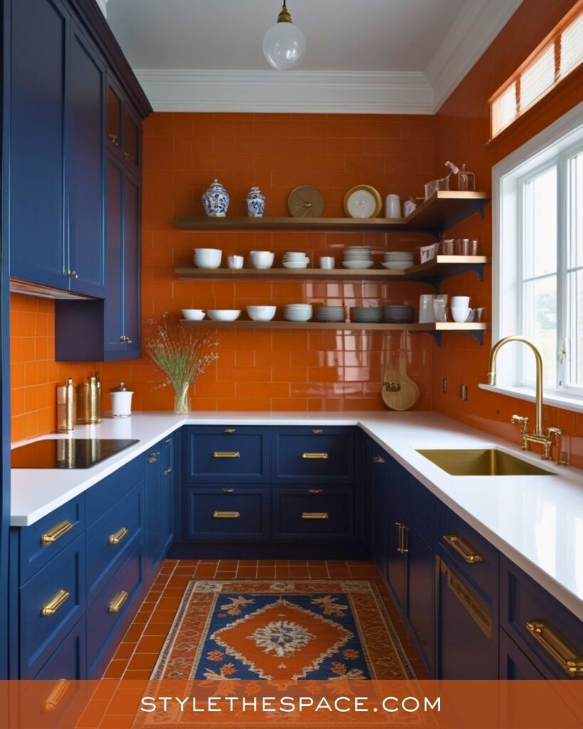 navy blue and burnt orange kitchen