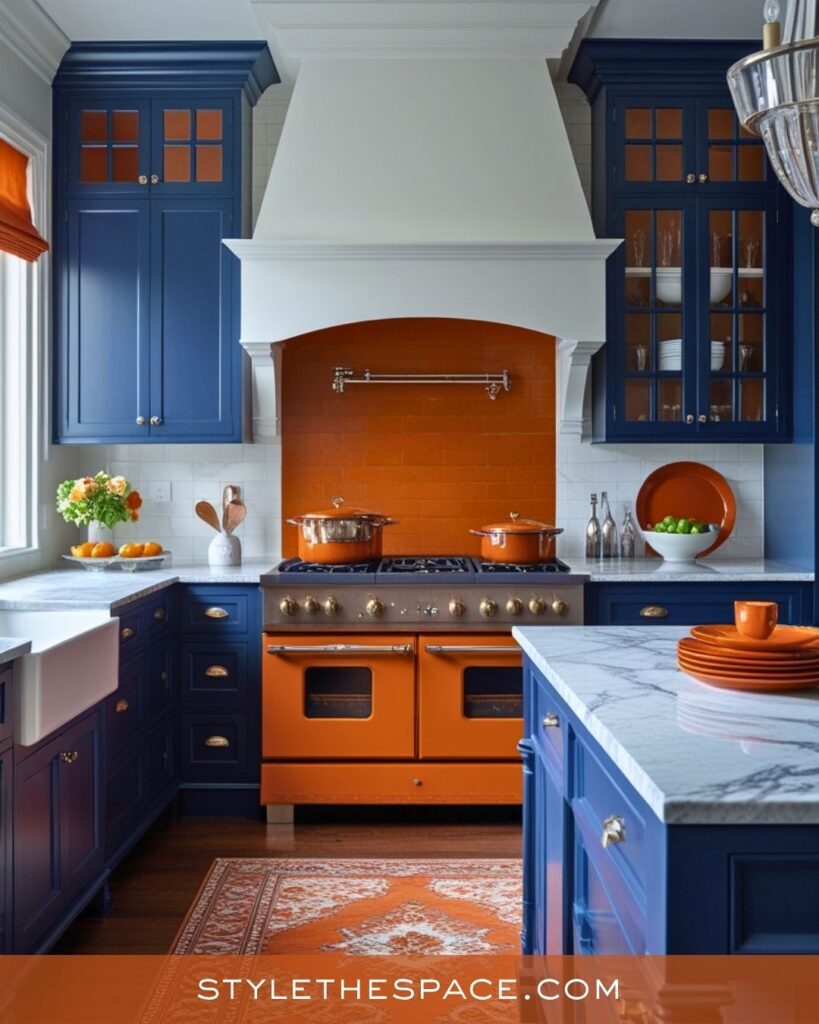 navy blue and burnt orange kitchen