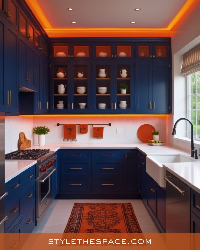 navy blue and burnt orange kitchen