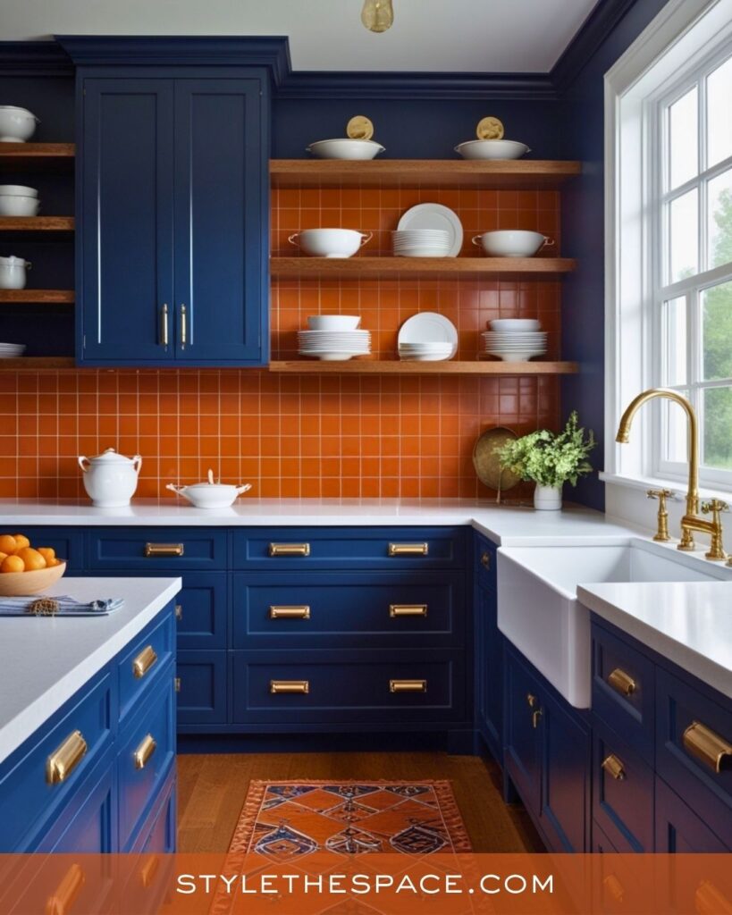 navy blue and burnt orange kitchen
