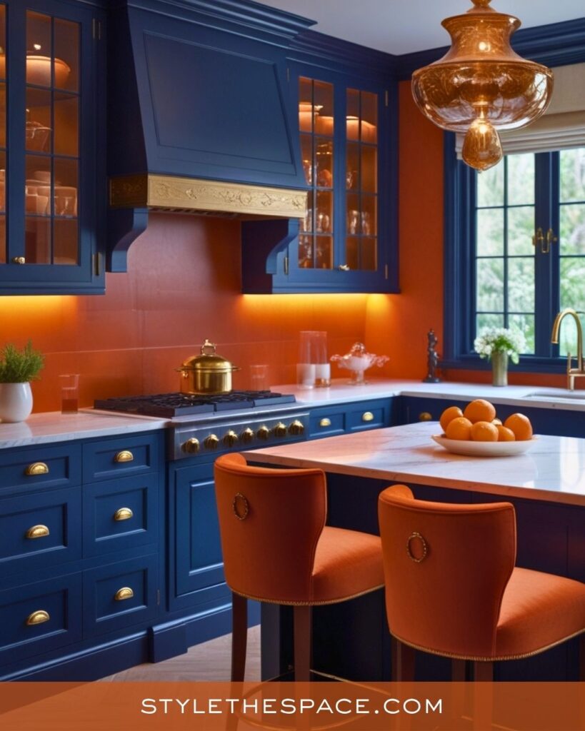 navy blue and burnt orange kitchen