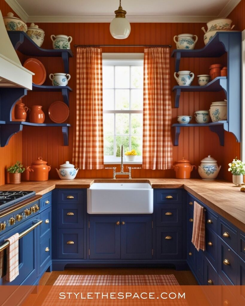 navy blue and burnt orange kitchen