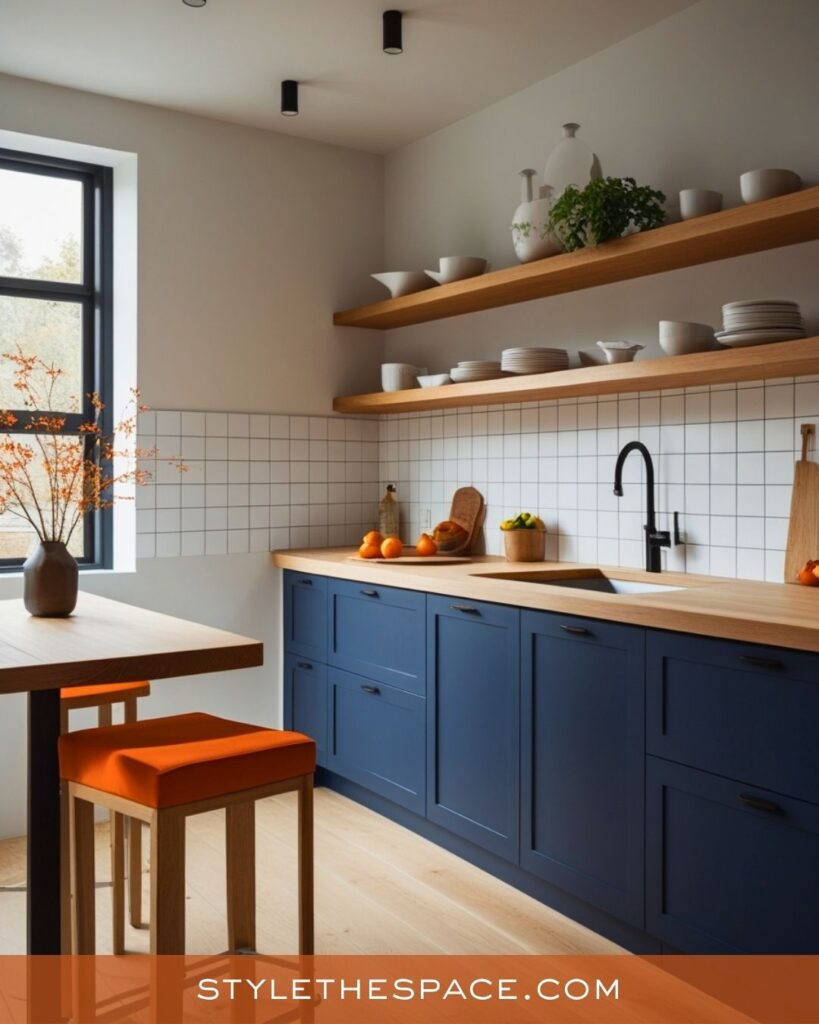 navy blue and burnt orange kitchen