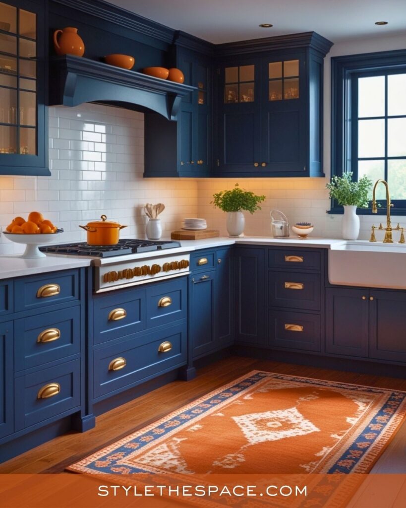 navy blue and burnt orange kitchen