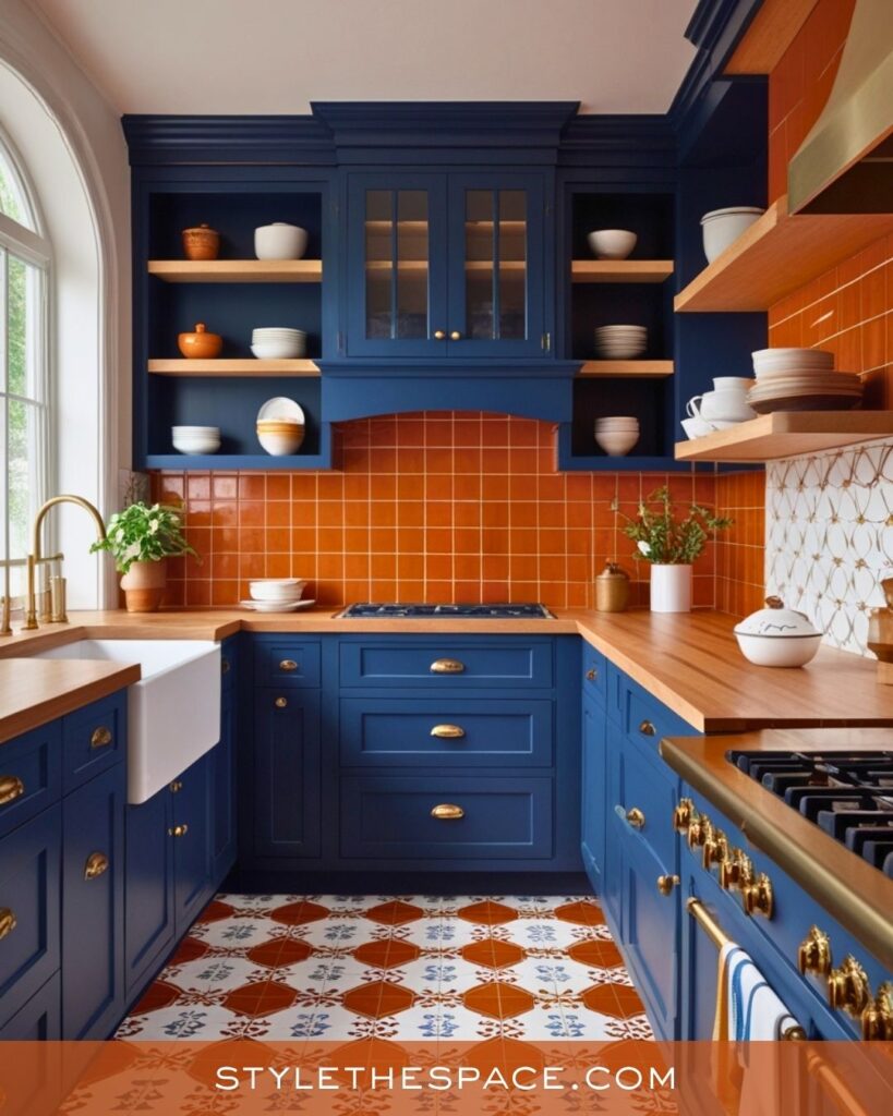 navy blue and burnt orange kitchen