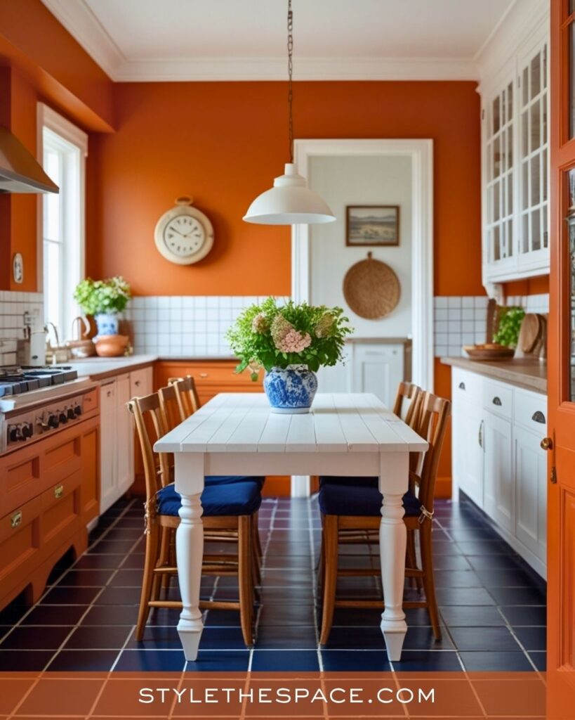 navy blue and burnt orange kitchen