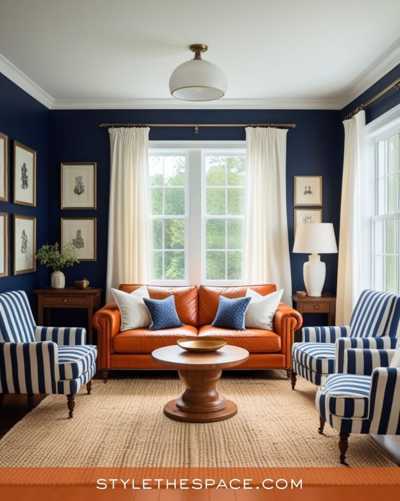 navy blue and burnt orange living room