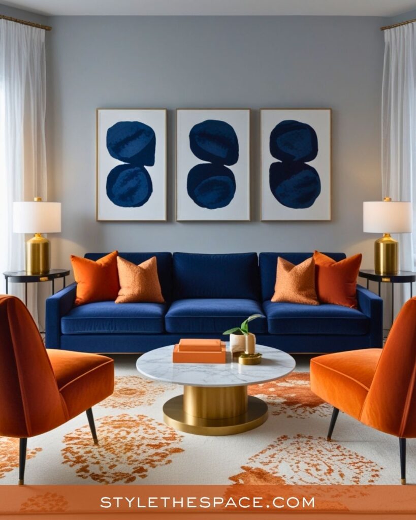 navy blue and burnt orange living room