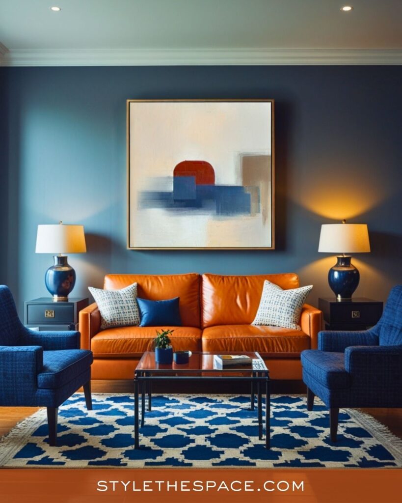 navy blue and burnt orange living room
