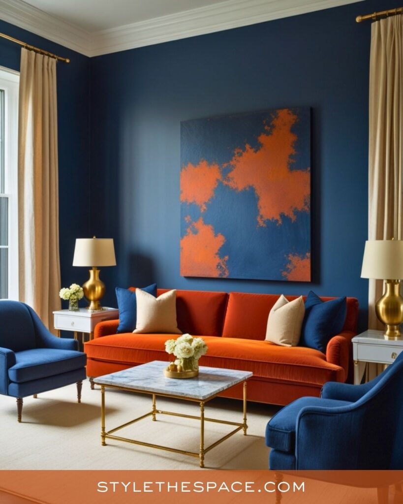 navy blue and burnt orange living room