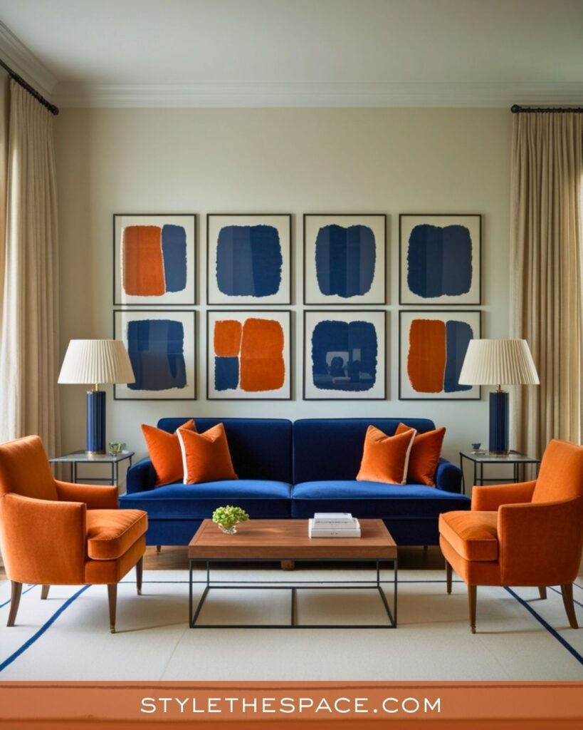 navy blue and burnt orange living room