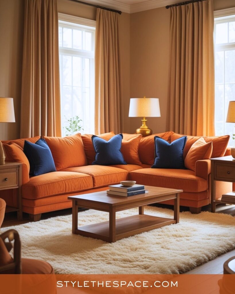 navy blue and burnt orange living room