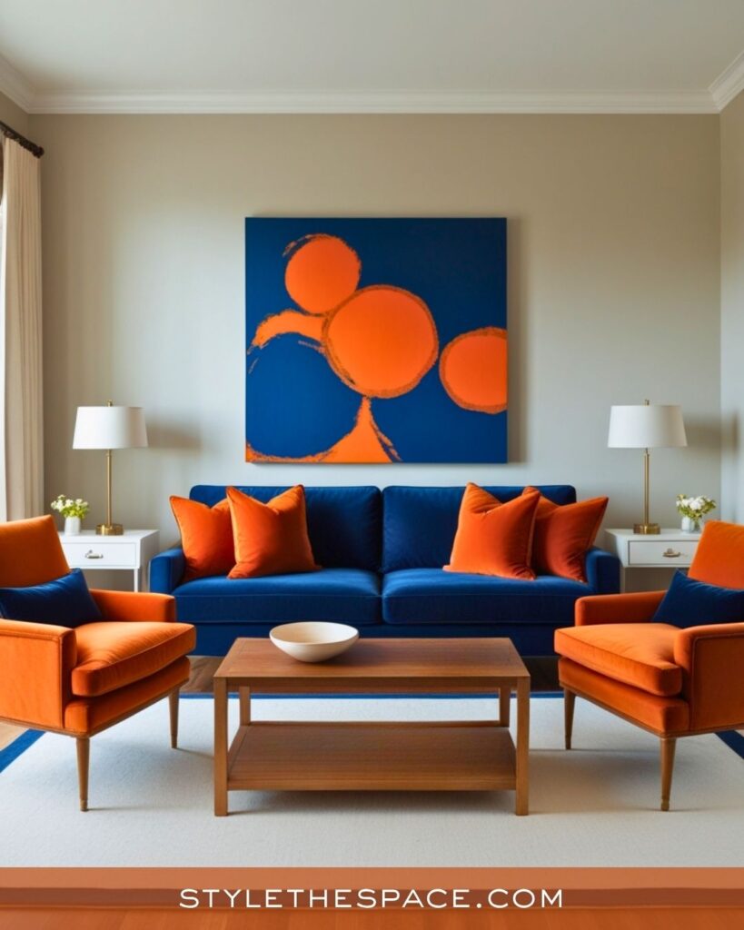 navy blue and burnt orange living room
