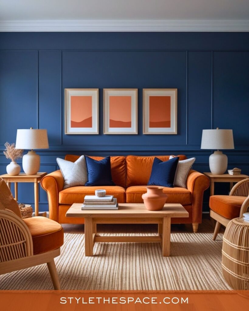 navy blue and burnt orange living room