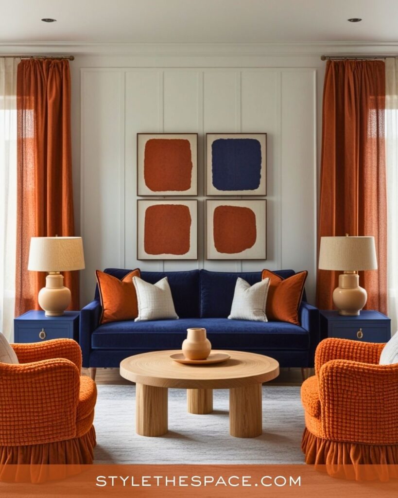navy blue and burnt orange living room