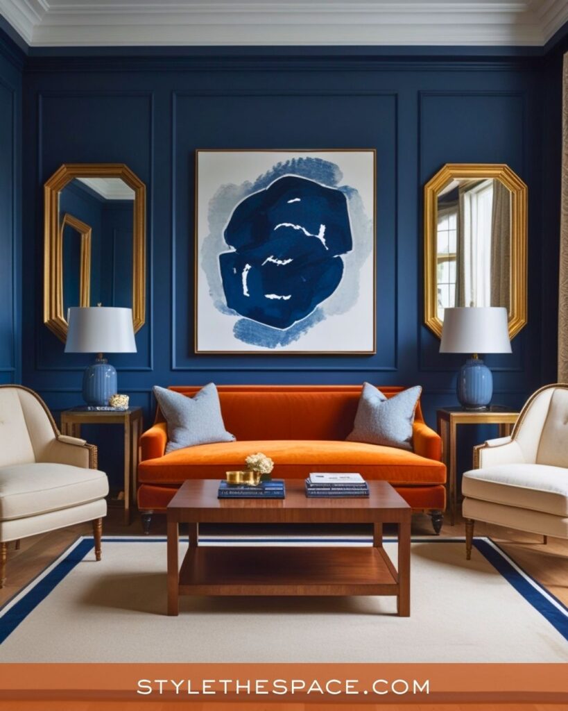 navy blue and burnt orange living room