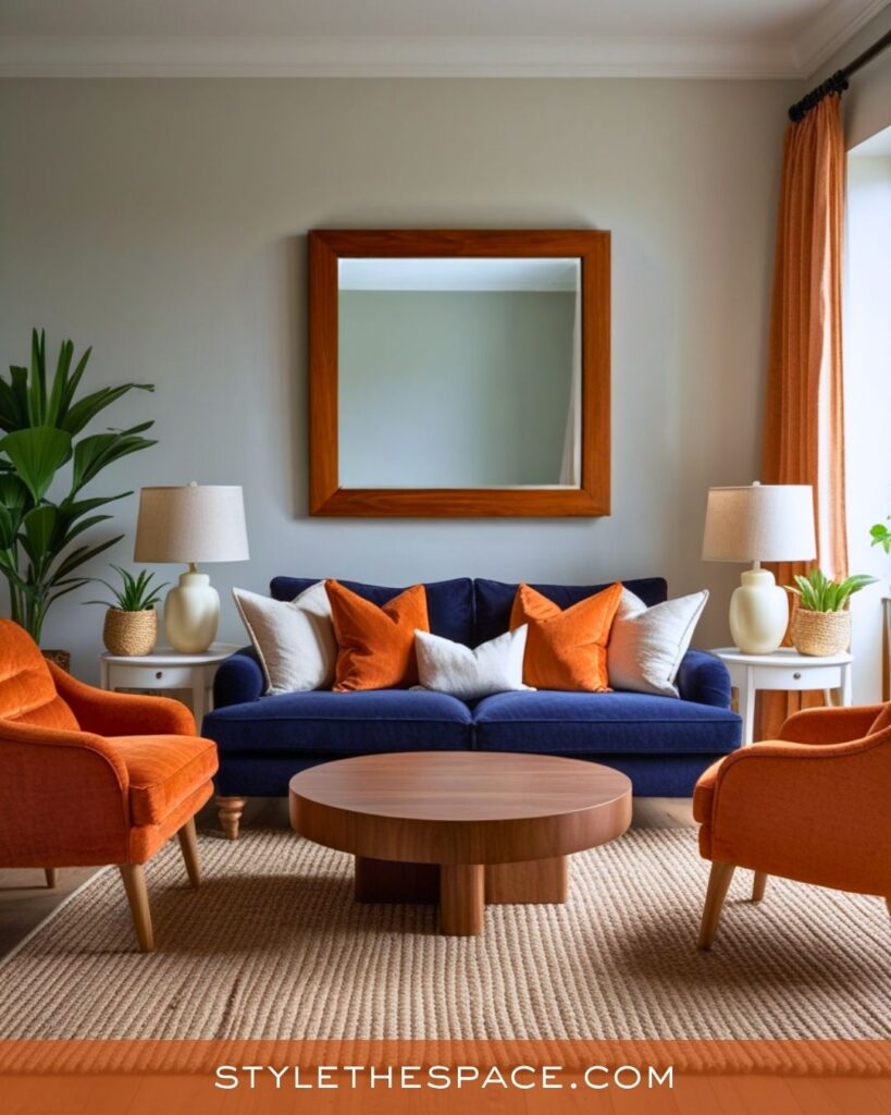 navy blue and burnt orange living room