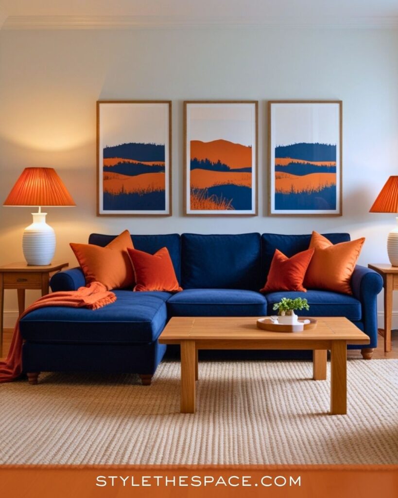 navy blue and burnt orange living room
