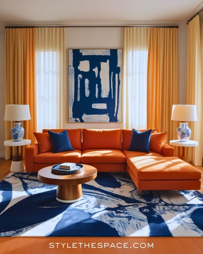 navy blue and burnt orange living room