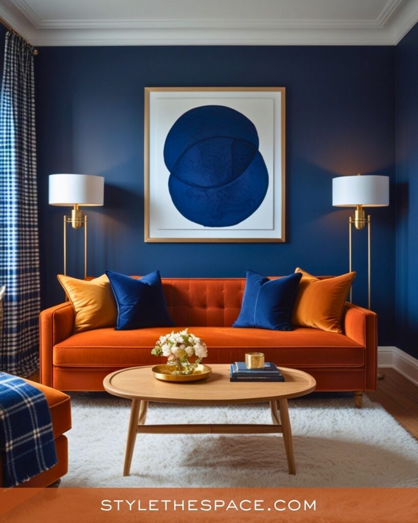 navy blue and burnt orange living room