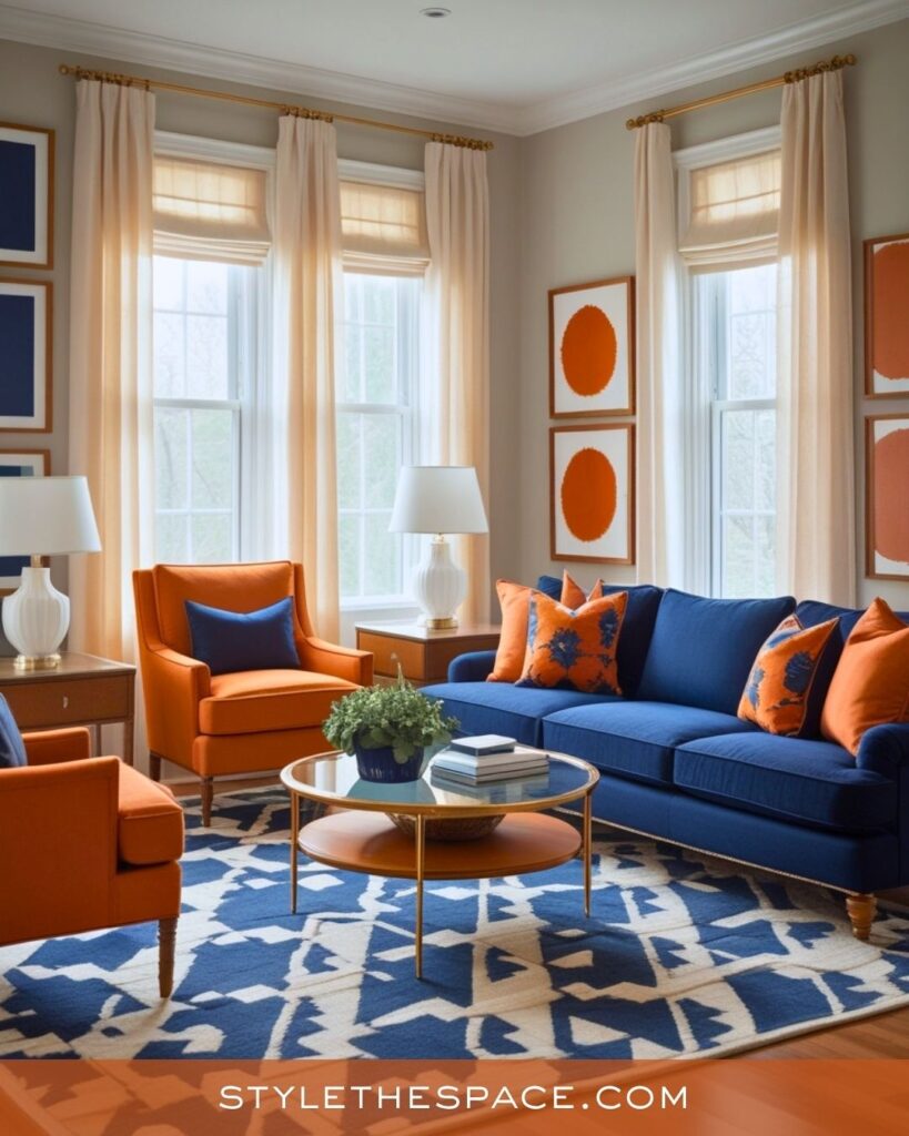 navy blue and burnt orange living room