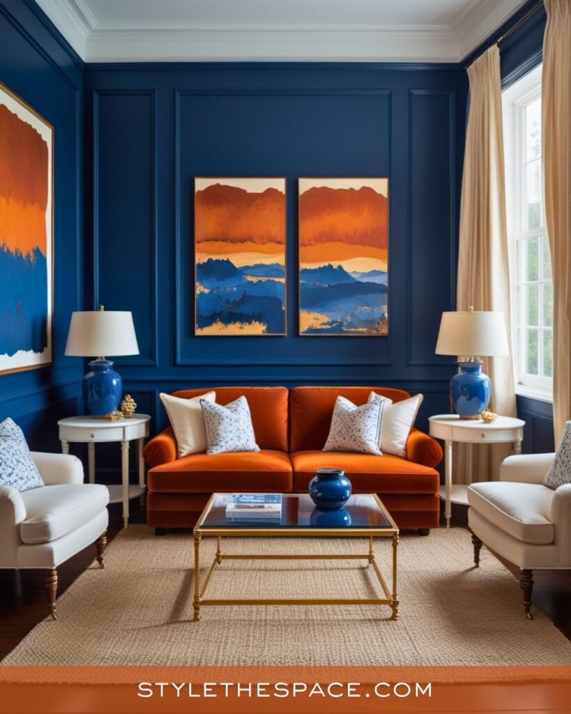 navy blue and burnt orange living room