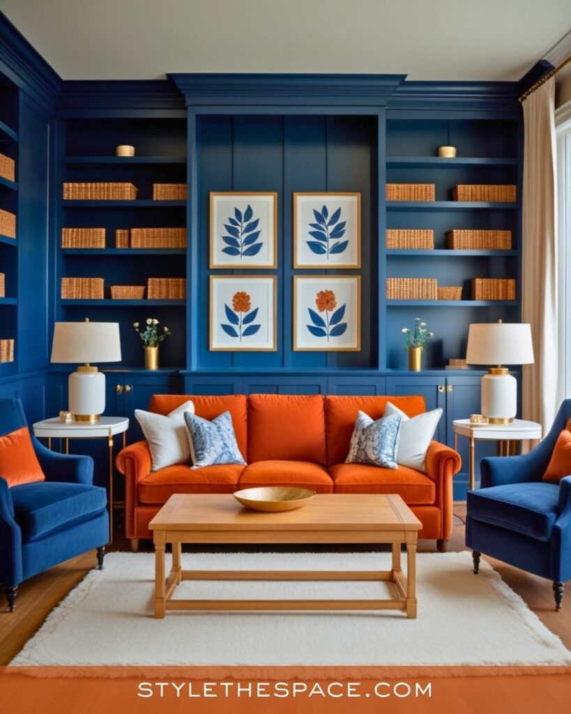 navy blue and burnt orange living room