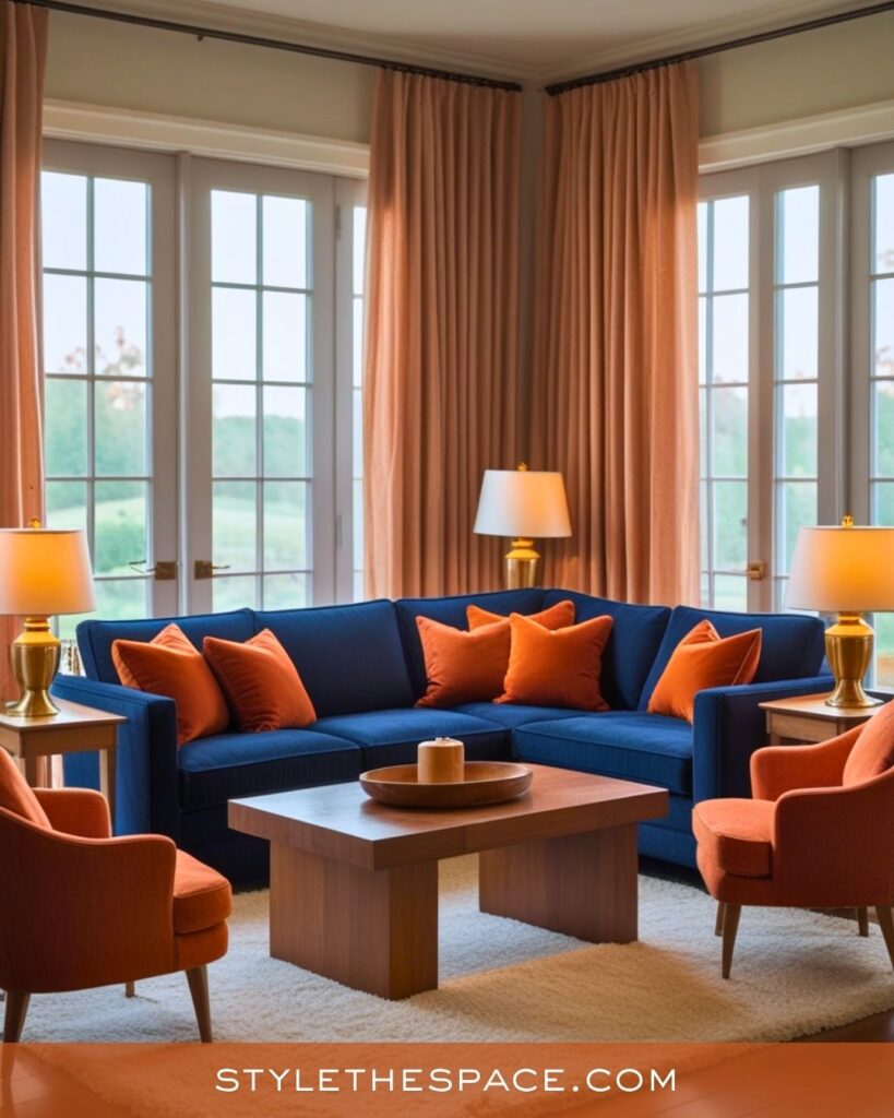 navy blue and burnt orange living room